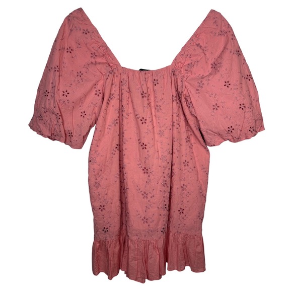 ZARA Pink Eyelet Embroidered Puff Sleeve Ruffle Hem Mini Dress Size Large NWOT - Picture 4 of 11